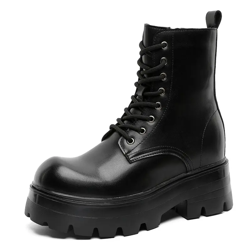 British style men fashion stage nightclub high motorcycle boots black trendy genuine leather shoes cowboy platform botas hombre