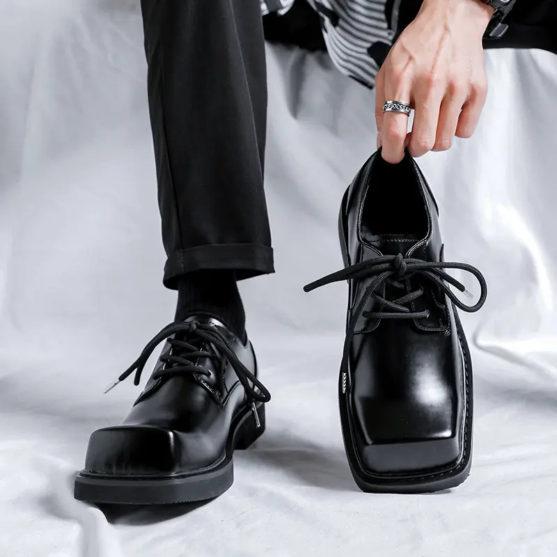 England style mens casual genuine leather shoes lace-up derby shoe brand designer square toe sneakers party prom dress footwear