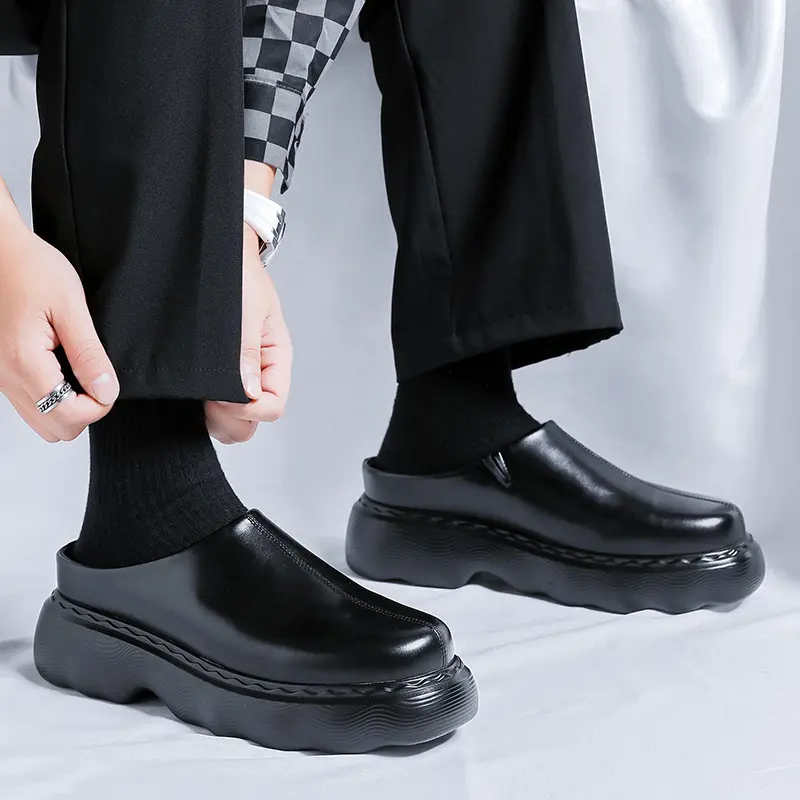 mens fashion half shoes slip-on platform shoe black stylish original leather summer loafers brand designer sneakers man footwear