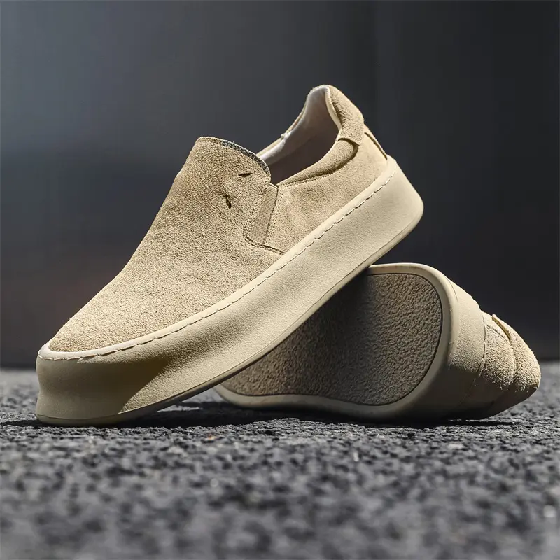 England style men's casual cow suede leather shoes slip-on flats platform shoe breathable loafers black beige stylish footwear