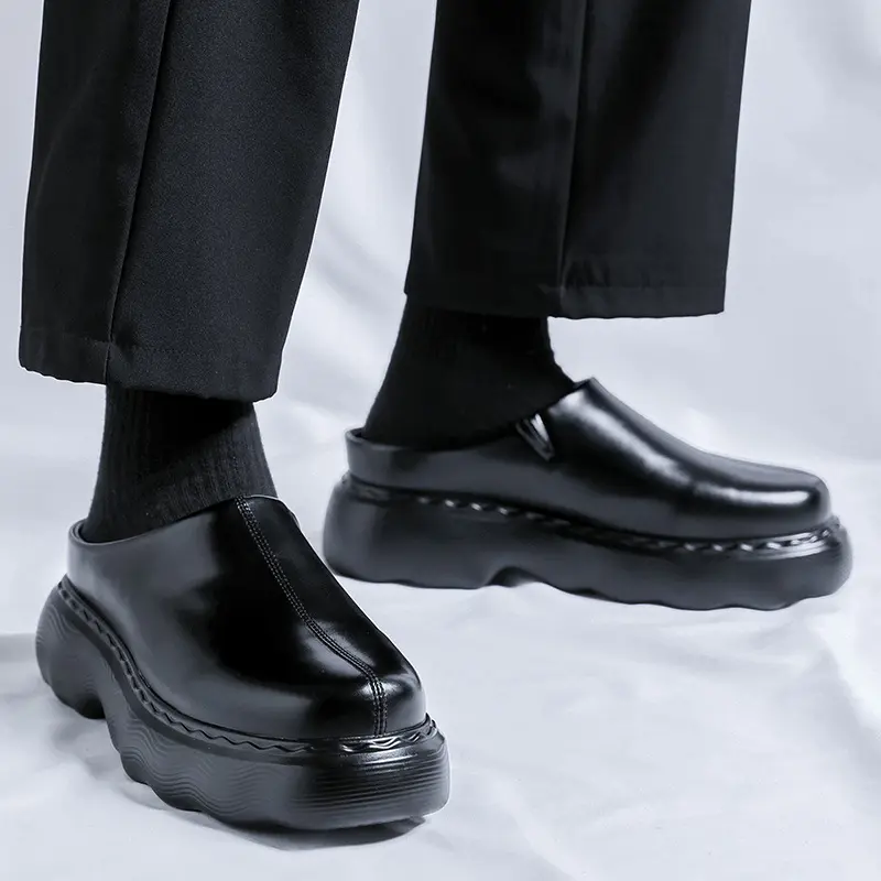 mens fashion half shoes slip-on platform shoe black stylish original leather summer loafers brand designer sneakers man footwear