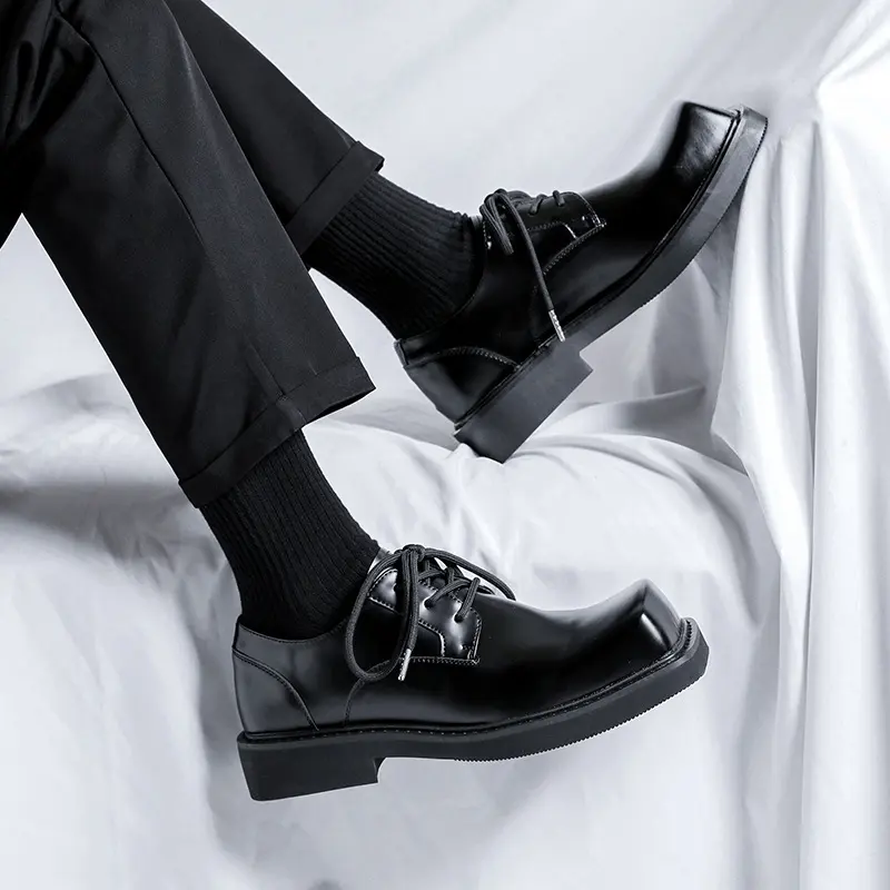 England style mens casual genuine leather shoes lace-up derby shoe brand designer square toe sneakers party prom dress footwear