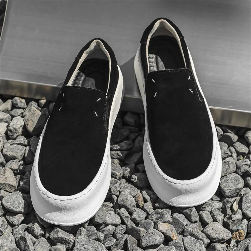 England style men's casual cow suede leather shoes slip-on flats platform shoe breathable loafers black beige stylish footwear