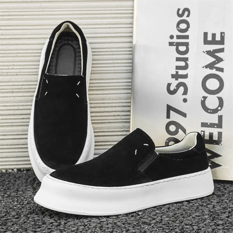 England style men's casual cow suede leather shoes slip-on flats platform shoe breathable loafers black beige stylish footwear
