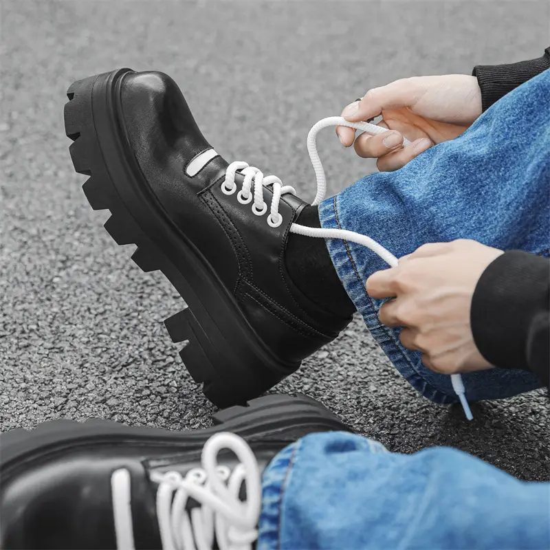 men fashion punk rock platform shoes lace-up original leather derby shoe black trendy sneakers outdoors cowboy tooling footwear