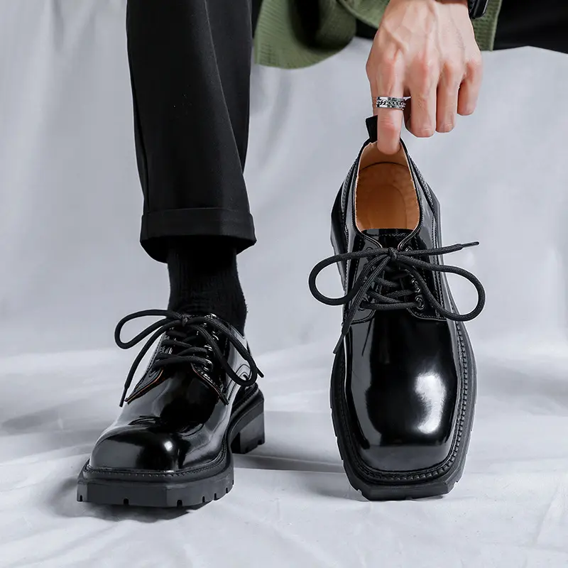 men luxury fashion patent leather shoes lace-up oxfords shoe brand designer square toe sneakers wedding party platform footwear