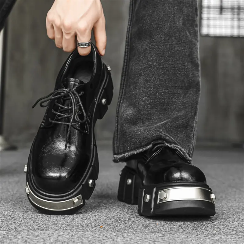 mens fashion punk gothic platform shoes lace-up natural leather derby shoe brand designer sneakers luxury black stylish footwear
