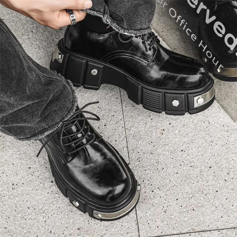 mens fashion punk gothic platform shoes lace-up natural leather derby shoe brand designer sneakers luxury black stylish footwear