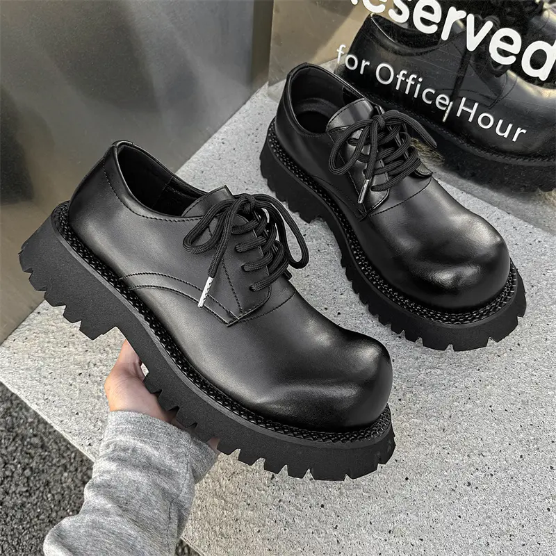 large size men fashion wedding party platform shoes lace-up derby shoe black stylish sneakers big toe original leather footwear