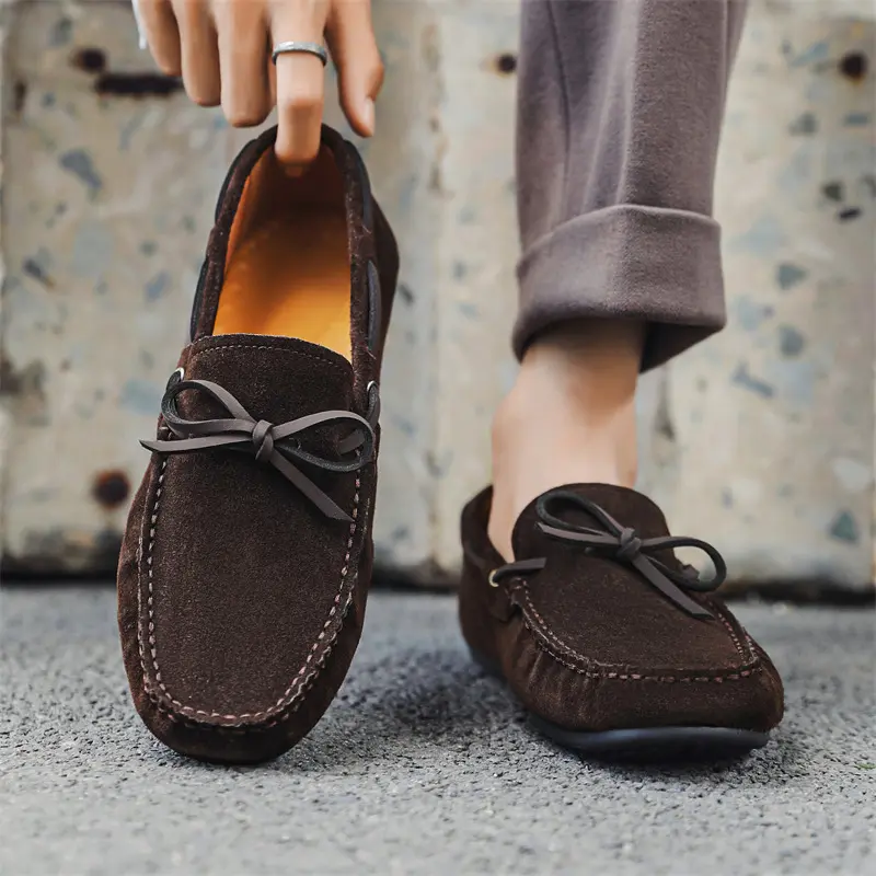 Korean style mens casual cow suede leather shoes slip-on tassels driving shoe black brown breathable flats loafers mans footwear