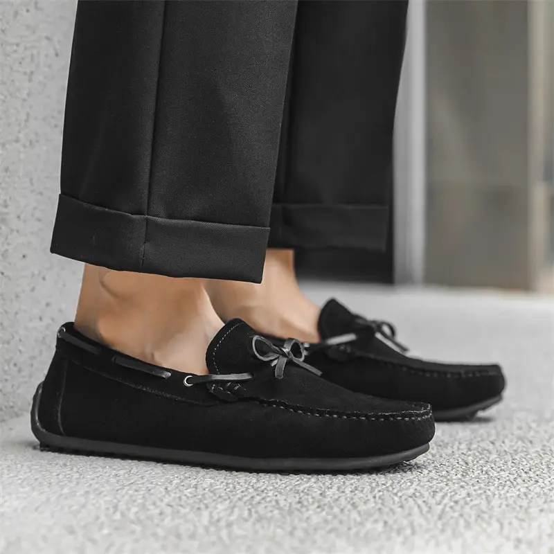 Korean style mens casual cow suede leather shoes slip-on tassels driving shoe black brown breathable flats loafers mans footwear