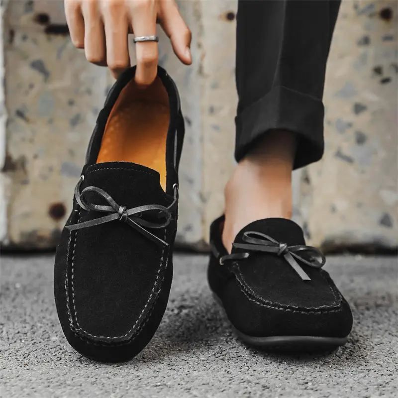 Korean style mens casual cow suede leather shoes slip-on tassels driving shoe black brown breathable flats loafers mans footwear