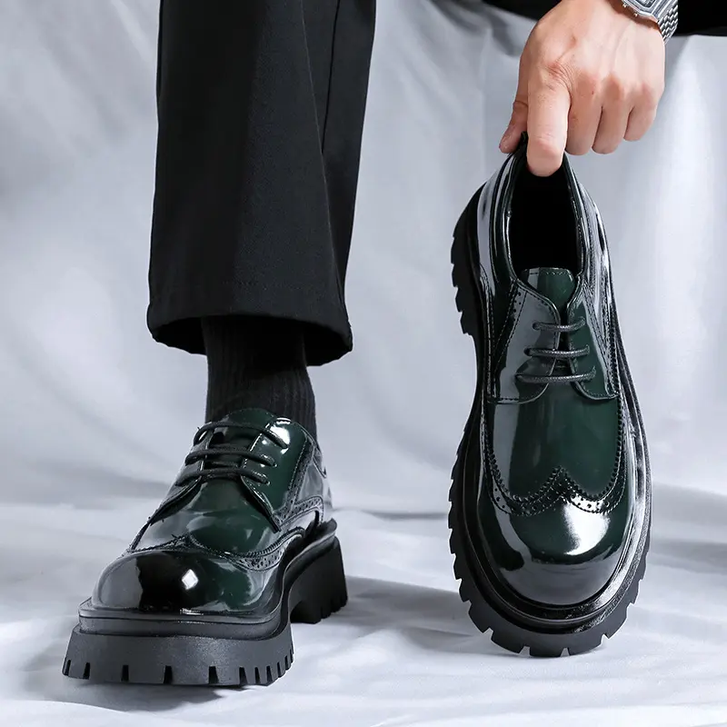 men luxury fashion party nightclub dress original leather shoes lace-up platform derby shoe black green carved brogue footwear