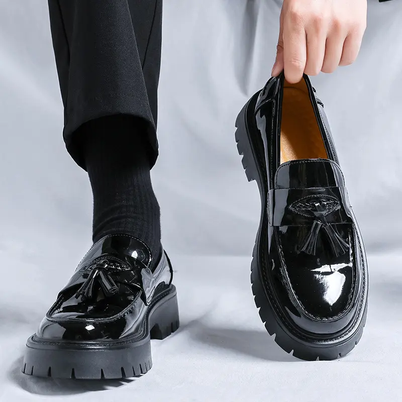 mens fashion business wedding dress shoes slip-on tassels shoe black stylish platform loafers breathable patent leather footwear
