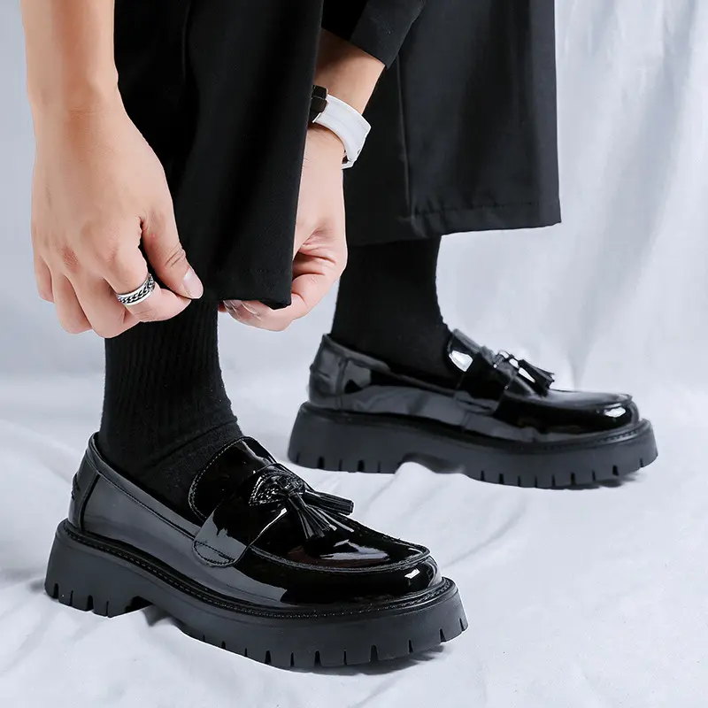 mens fashion business wedding dress shoes slip-on tassels shoe black stylish platform loafers breathable patent leather footwear