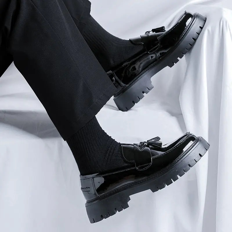 mens fashion business wedding dress shoes slip-on tassels shoe black stylish platform loafers breathable patent leather footwear