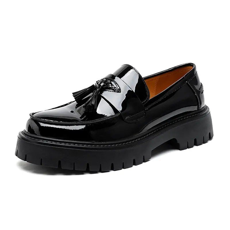 mens fashion business wedding dress shoes slip-on tassels shoe black stylish platform loafers breathable patent leather footwear