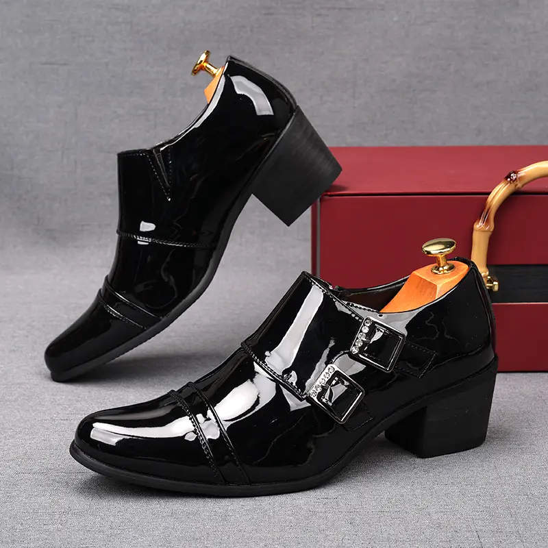 men luxury fashion patent leather shoes slip-on double buckle monk shoe pointed toe breathable loafers designer stylish footwear