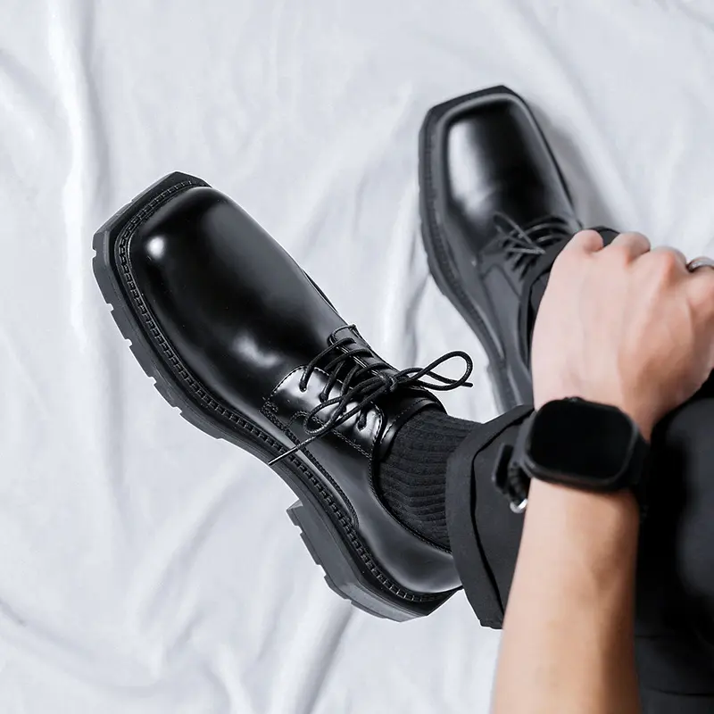 men's casual genuine leather shoes lace-up derby shoe square toe platform sneakers business wedding dress black stylish footwear