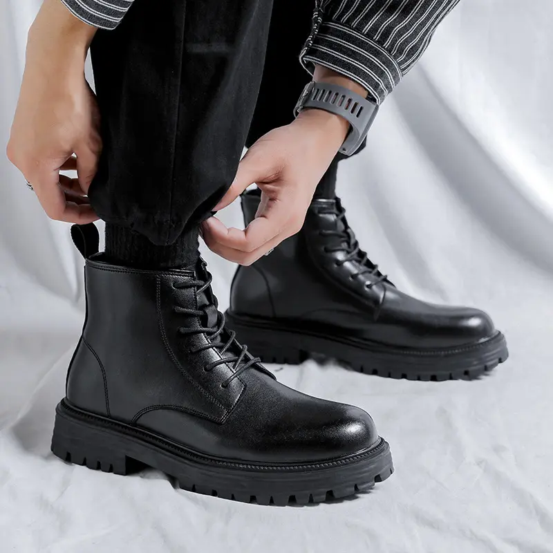men's platform boots black trend casual shoes cowboy genuine leather tooling work boot spring autumn ankle botas hombre zapatos