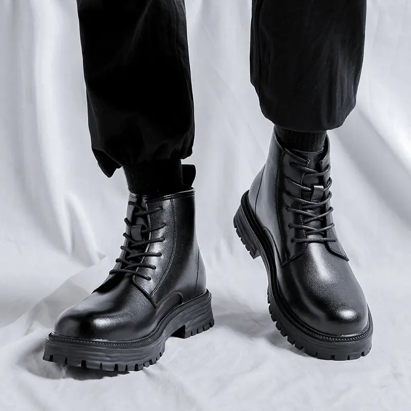 men's platform boots black trend casual shoes cowboy genuine leather tooling work boot spring autumn ankle botas hombre zapatos