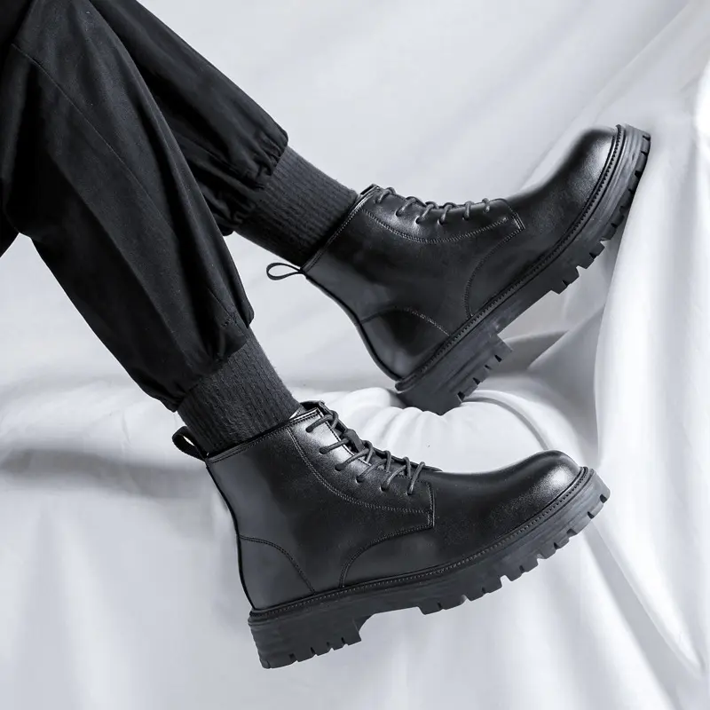 men's platform boots black trend casual shoes cowboy genuine leather tooling work boot spring autumn ankle botas hombre zapatos