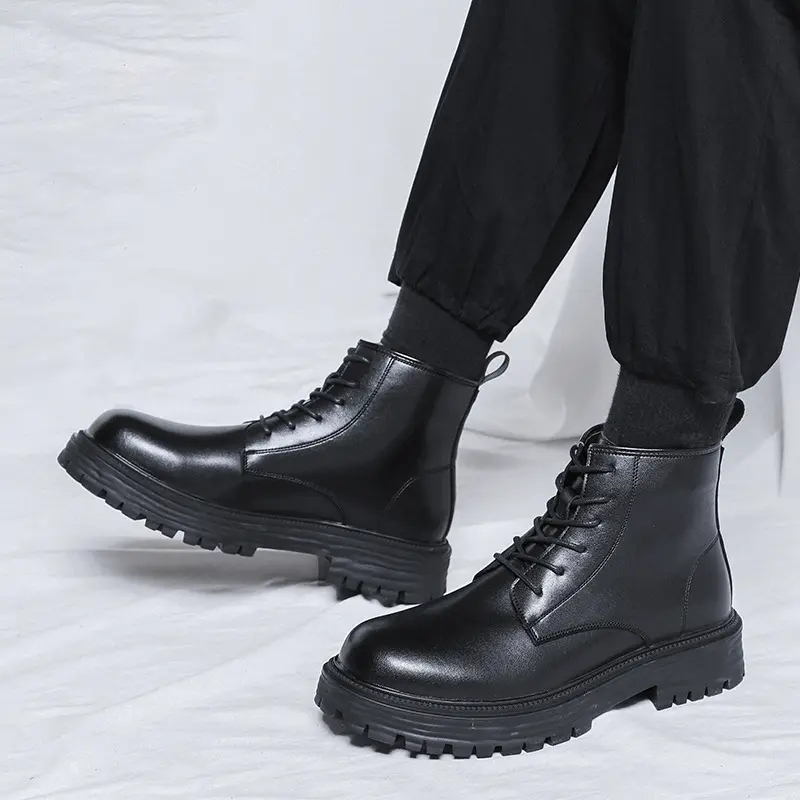 men's platform boots black trend casual shoes cowboy genuine leather tooling work boot spring autumn ankle botas hombre zapatos