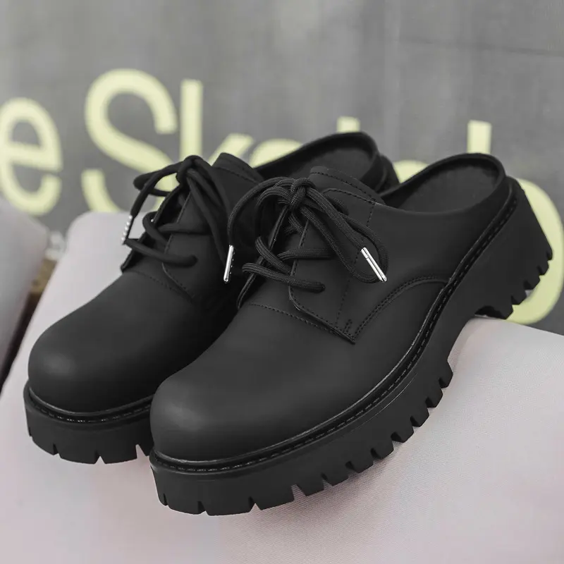 men fashion half shoes lace-up original leather shoe black stylish platform sneakers big toe summer slippers designer footwear