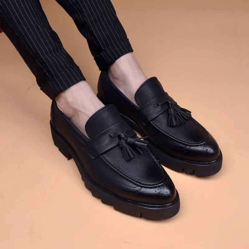 men's fashion business wedding formal dress shoes slip-on tassels shoe black tide original leather loafers platform footwear man