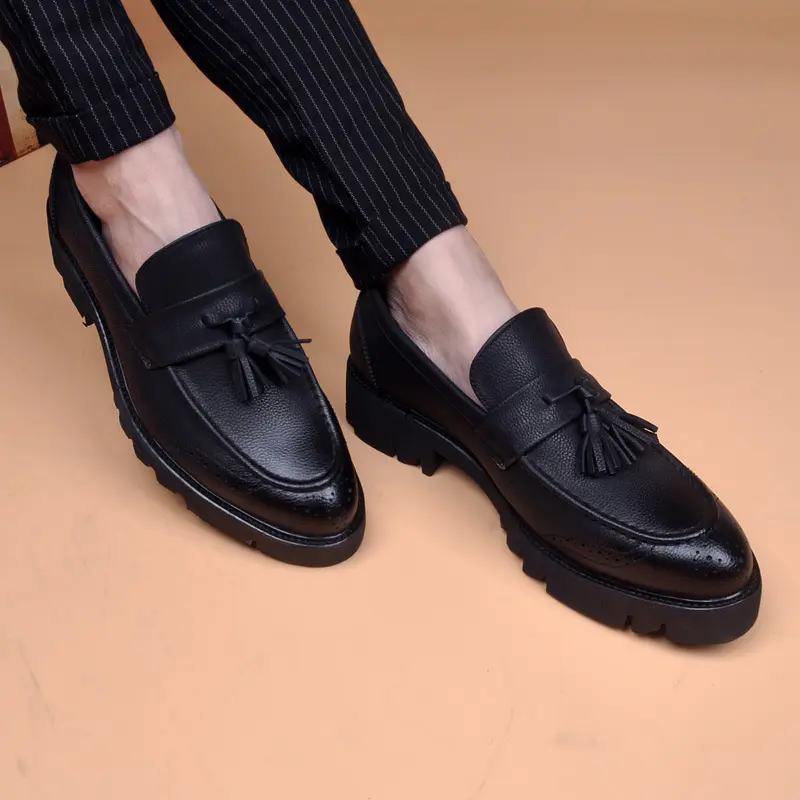 men's fashion business wedding formal dress shoes slip-on tassels shoe black tide original leather loafers platform footwear man