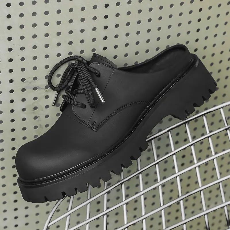 men fashion half shoes lace-up original leather shoe black stylish platform sneakers big toe summer slippers designer footwear