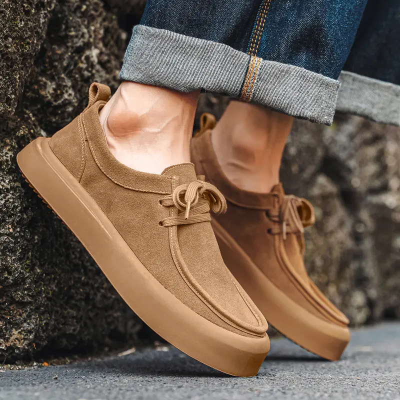 men's casual breathable cow suede leather shoes lace-up flats shoe outdoors cowboy platform sneakers street style mans footwear