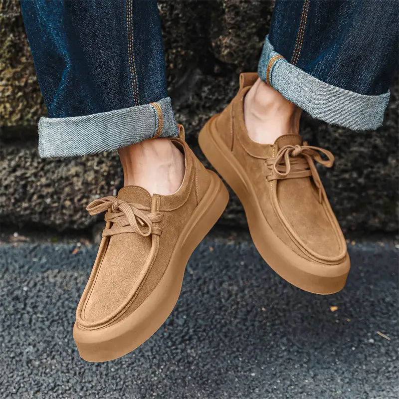 men's casual breathable cow suede leather shoes lace-up flats shoe outdoors cowboy platform sneakers street style mans footwear