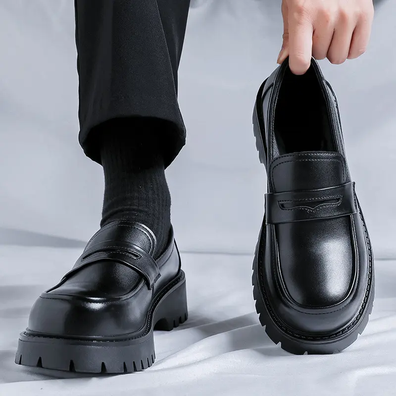 mens casual business office formal dress shoes slip-on original leather shoe black stylish platform loafers gentleman footwear
