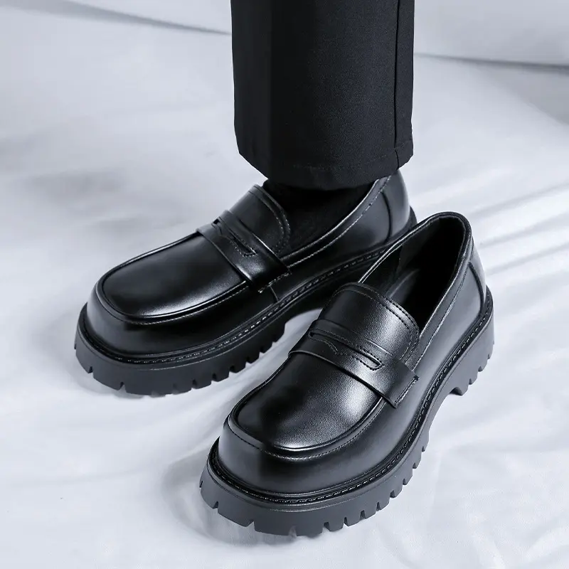 mens casual business office formal dress shoes slip-on original leather shoe black stylish platform loafers gentleman footwear