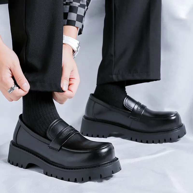 mens casual business office formal dress shoes slip-on original leather shoe black stylish platform loafers gentleman footwear