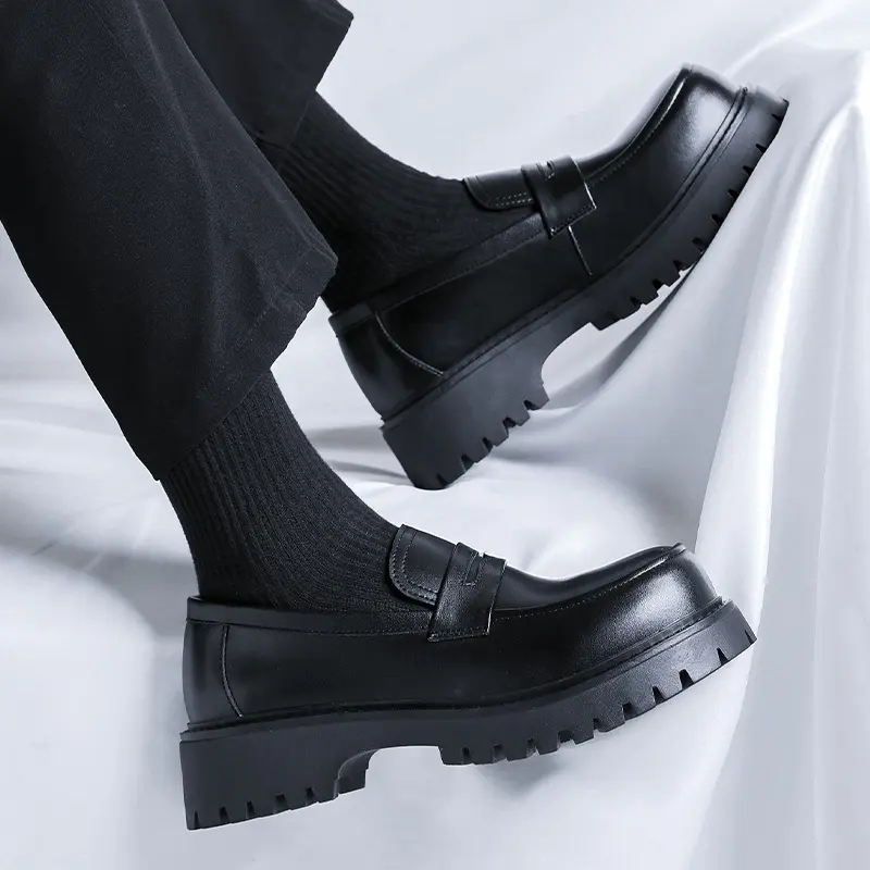 mens casual business office formal dress shoes slip-on original leather shoe black stylish platform loafers gentleman footwear