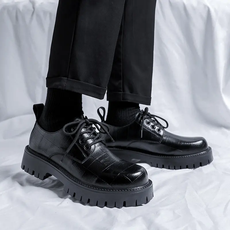 England style men's casual original leather shoes black tide lace-up derby shoe business wedding dress platform footwear zapatos