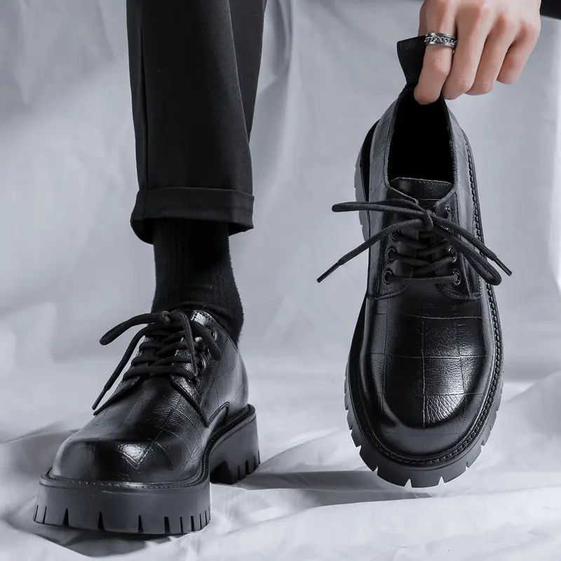 England style men's casual original leather shoes black tide lace-up derby shoe business wedding dress platform footwear zapatos