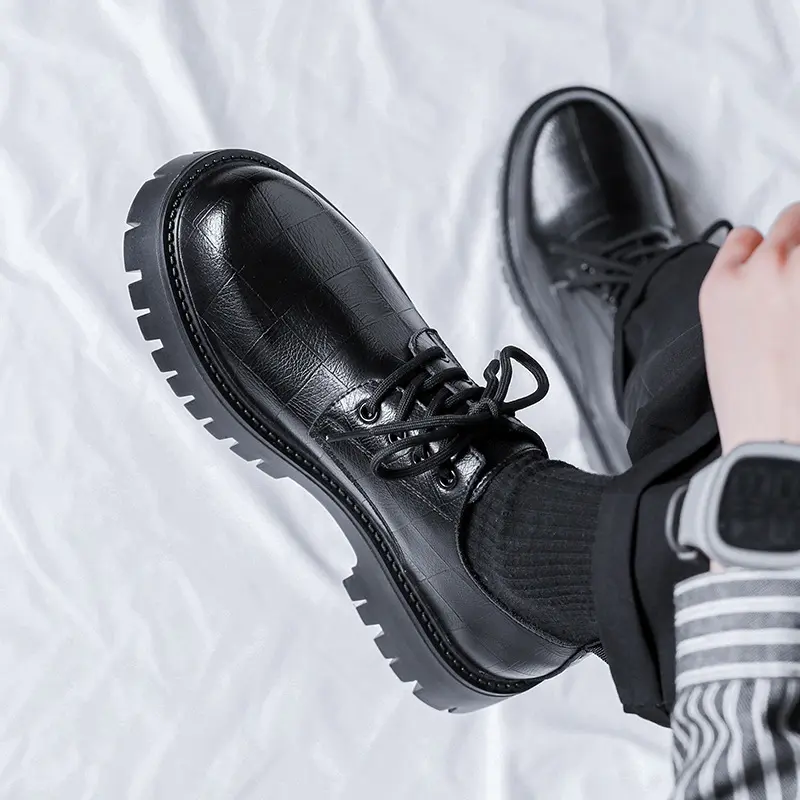 England style men's casual original leather shoes black tide lace-up derby shoe business wedding dress platform footwear zapatos