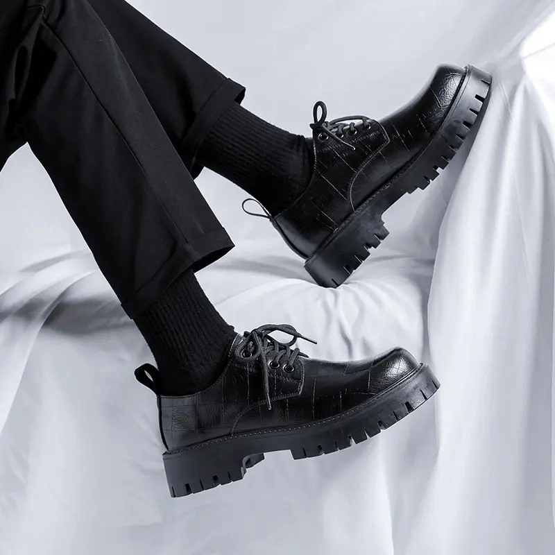 England style men's casual original leather shoes black tide lace-up derby shoe business wedding dress platform footwear zapatos