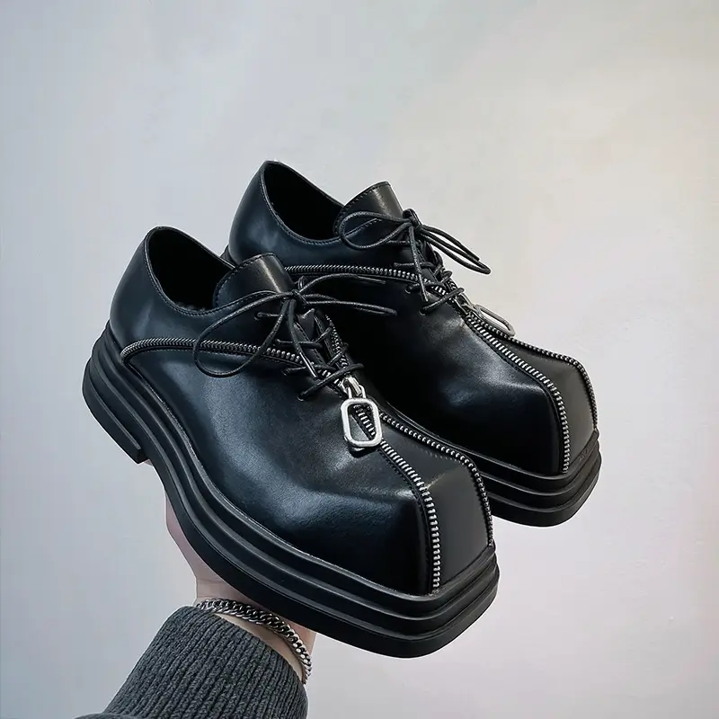 men luxury fashion original leather shoes square toe platform shoe punk hip hop dress black stylish brand designer footwear mans