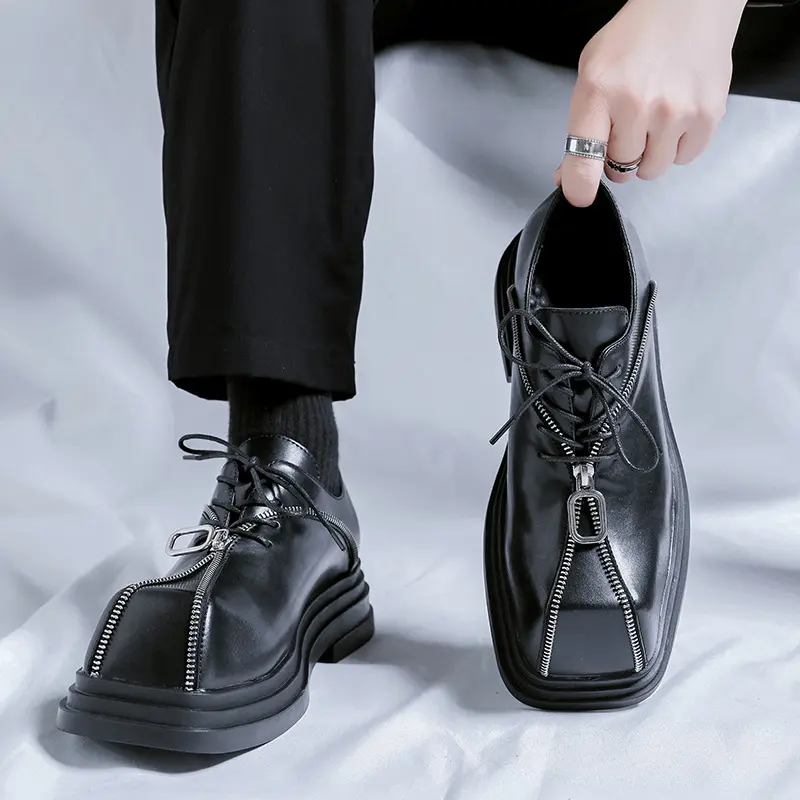 men luxury fashion original leather shoes square toe platform shoe punk hip hop dress black stylish brand designer footwear mans