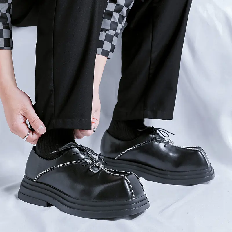 men luxury fashion original leather shoes square toe platform shoe punk hip hop dress black stylish brand designer footwear mans