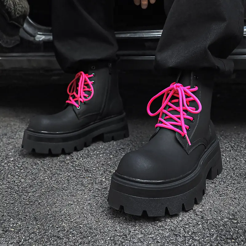 men luxury fashion punk rock platform boots lace-up genuine leather shoes cowboy high boot cool trendy long motorcycle botas man