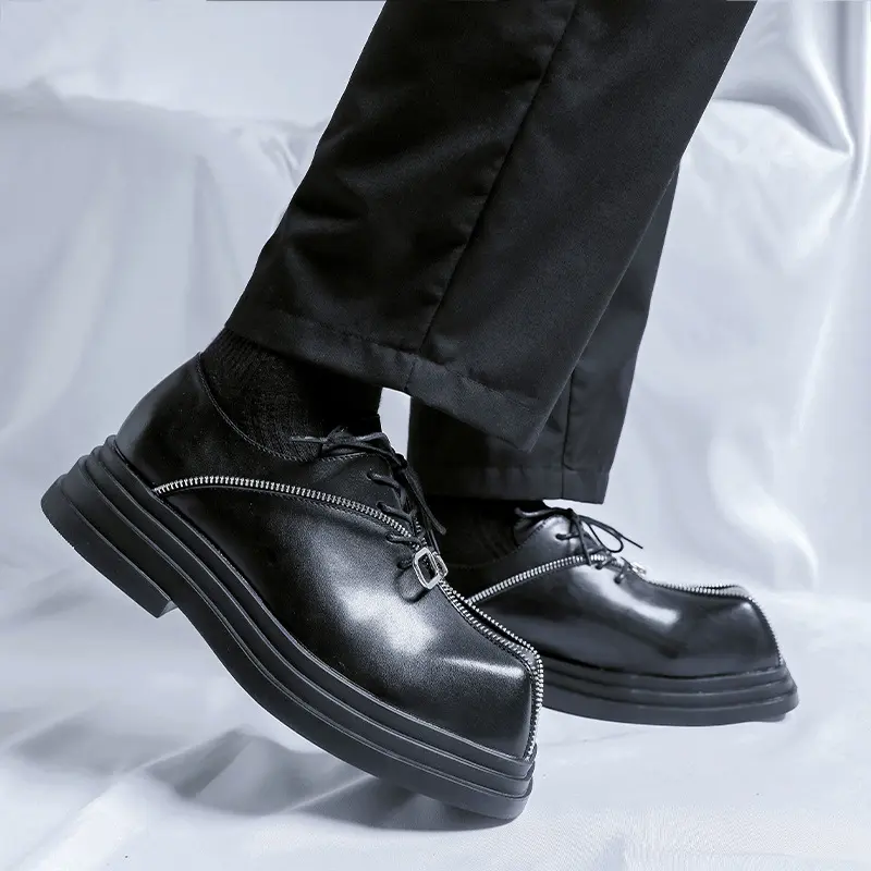 men luxury fashion original leather shoes square toe platform shoe punk hip hop dress black stylish brand designer footwear mans
