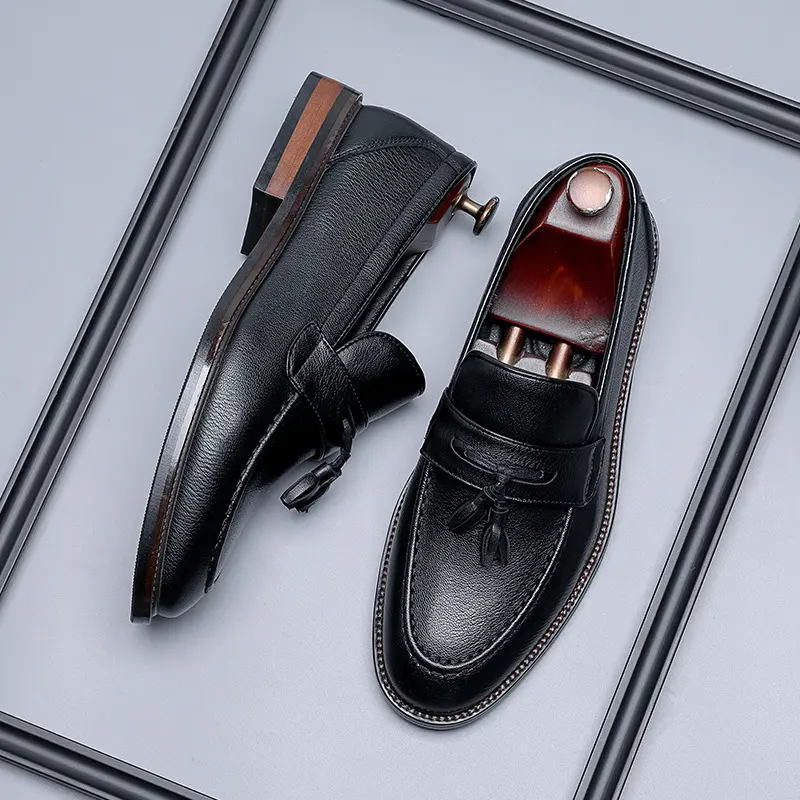men casual business office formal dress shoes slip-on tassels shoe black brown original leather loafers gentleman footwear mans