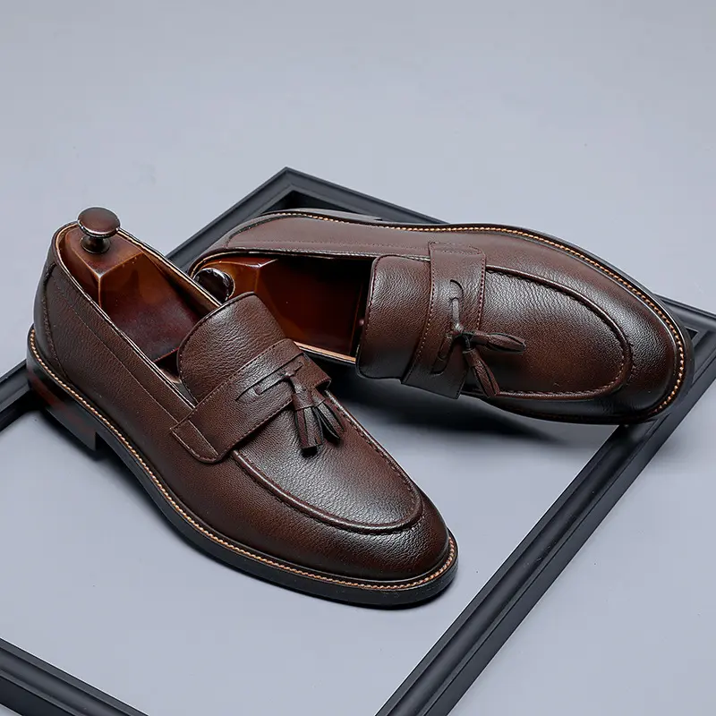men casual business office formal dress shoes slip-on tassels shoe black brown original leather loafers gentleman footwear mans