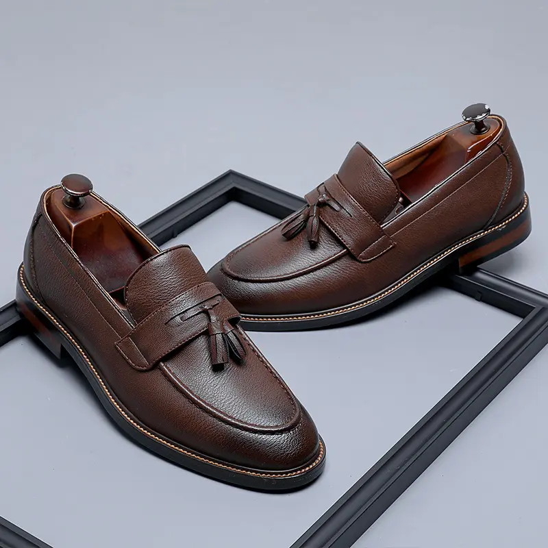 men casual business office formal dress shoes slip-on tassels shoe black brown original leather loafers gentleman footwear mans