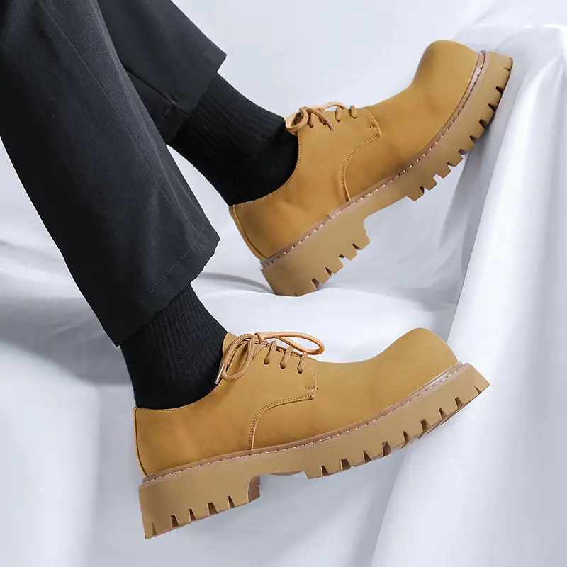 large size men's casual platform shoes lace-up original leather derby shoe outdoors cowboy desert platform sneakers man footwear
